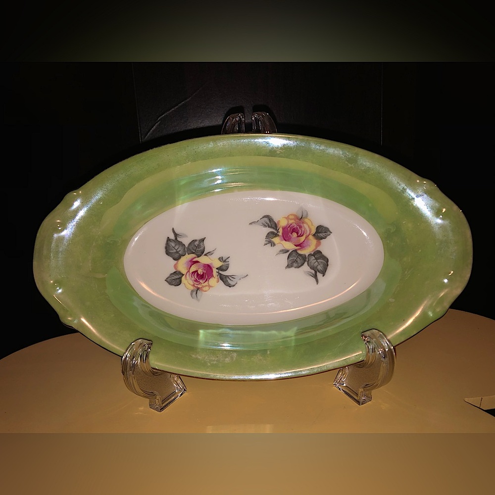Vintage NORLEANS Japan Lustreware Floral Dish - Green